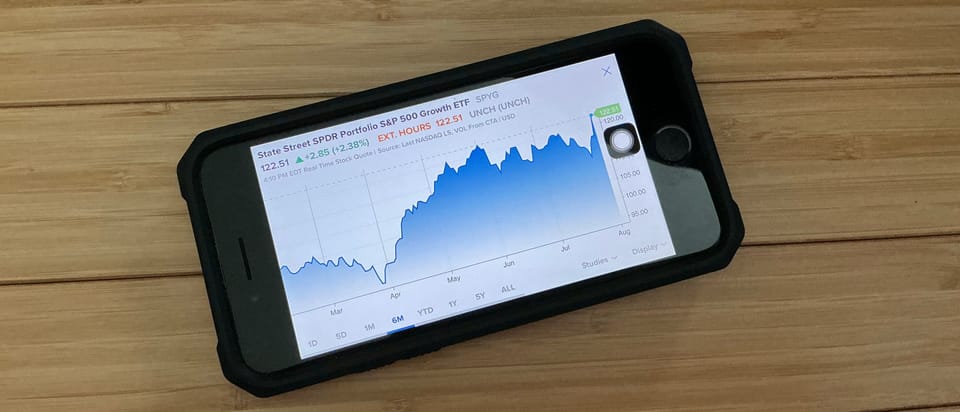 Chart of the SPYG ETF, which follows the S&P 500 Growth Index, as of August 4, 2026